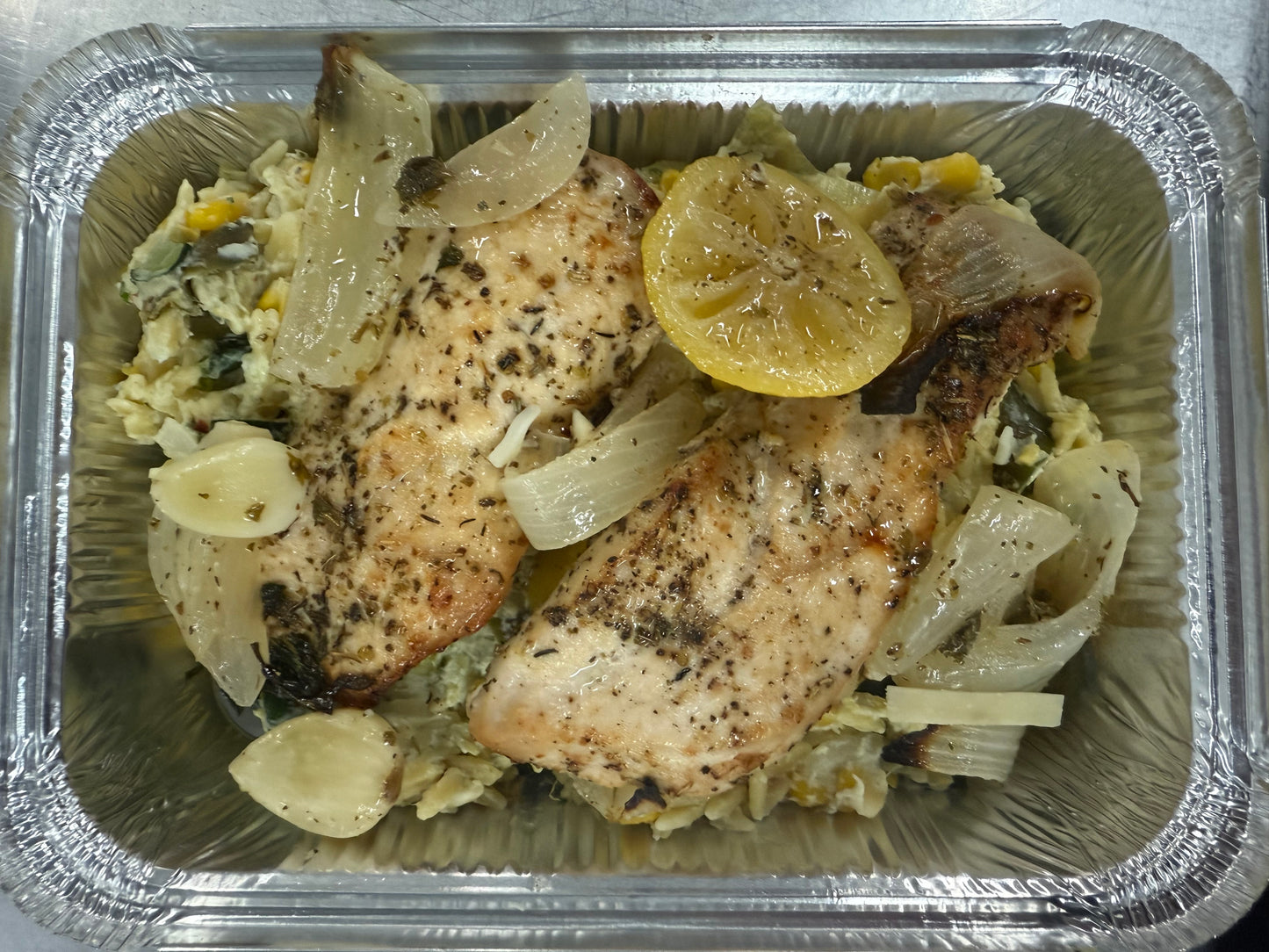 Roasted chicken + Lemon ricotta orzo with zucchini and corn