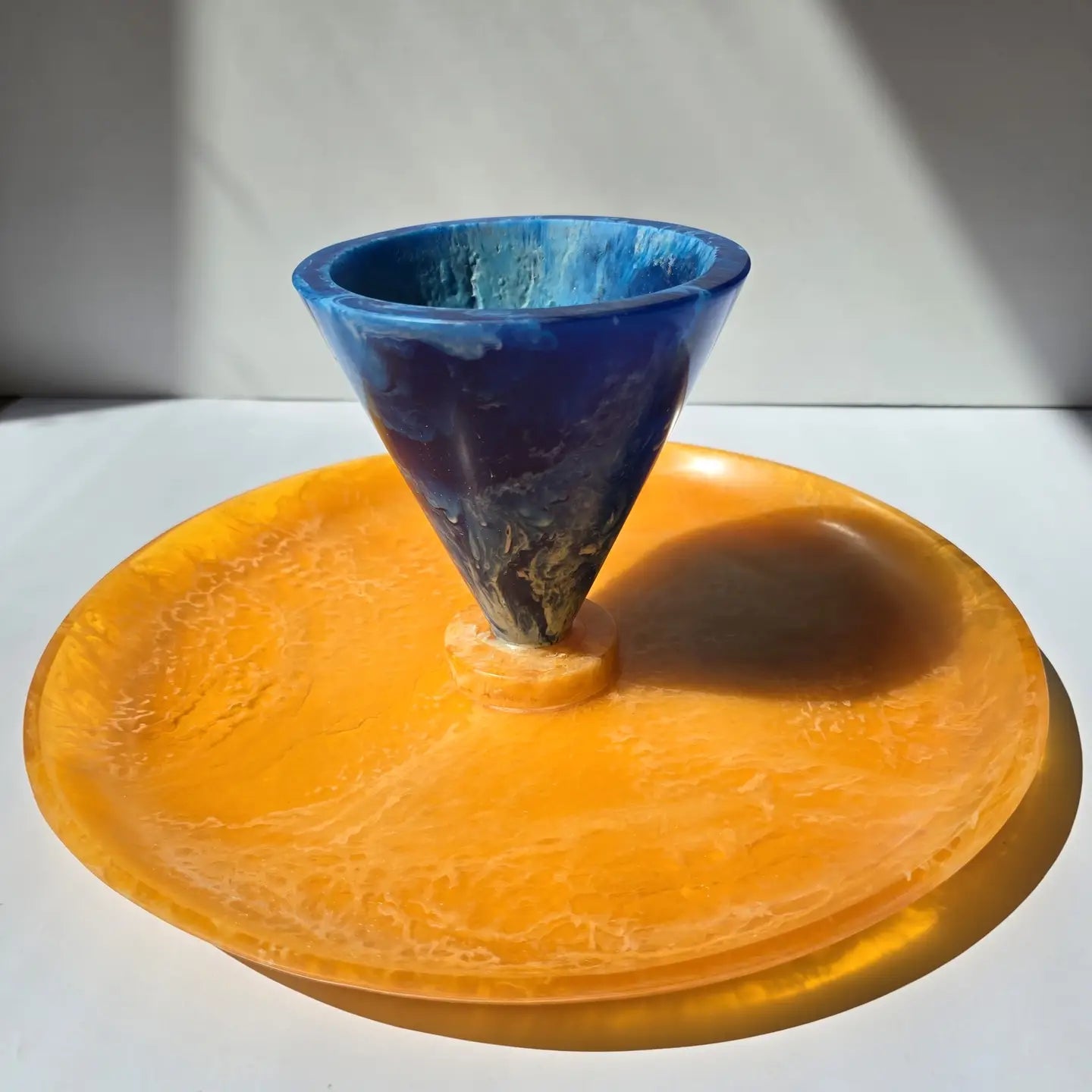Gibb & Daan Orange Hand Poured Resin Cake Stand - Blue Base