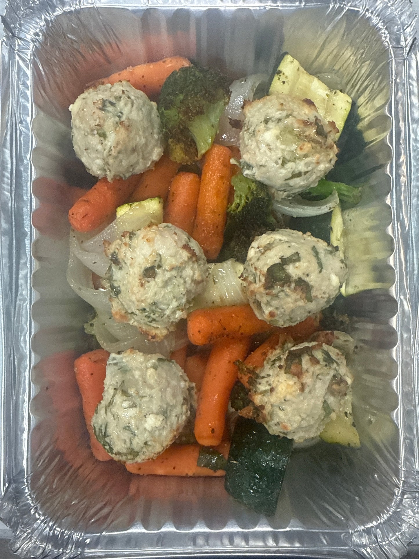 Turkey, feta & spinach meatballs with roasted veggies