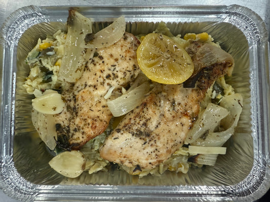 Roasted chicken + Lemon ricotta orzo with zucchini and corn