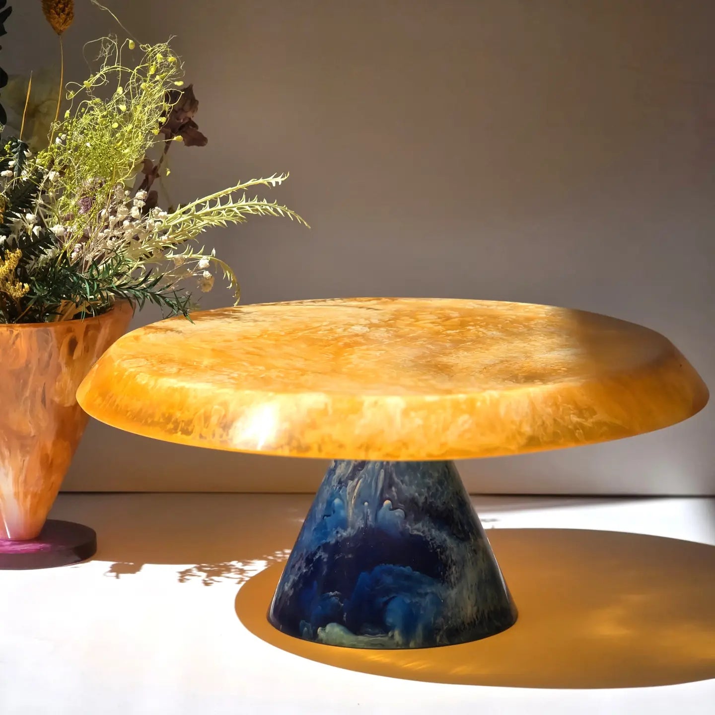 Gibb & Daan Orange Hand Poured Resin Cake Stand - Blue Base