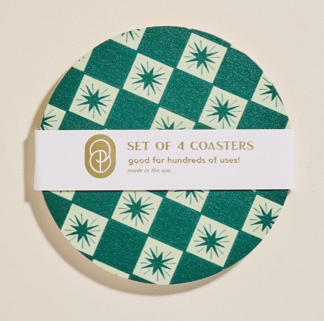 One & Only Paper Co - Green Checkered Star Coasters - Set of 4